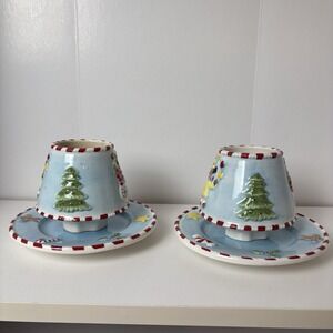 Home Interiors Christmas Candle Shade And Plate Teddy Bear Snowman Tree Set Of 2
